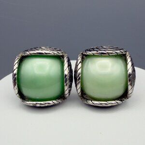 Vintage Rope Border Green Lucite Ball White Gold Plated Cuff Links Spring Pastel